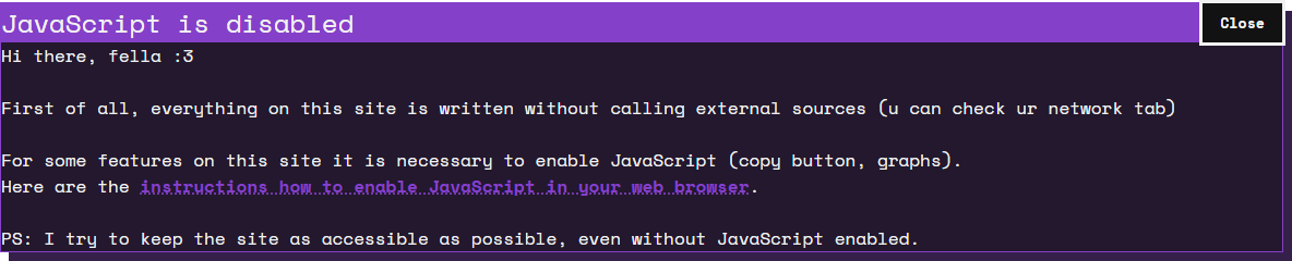 Noscript window with focused 'Close' button.