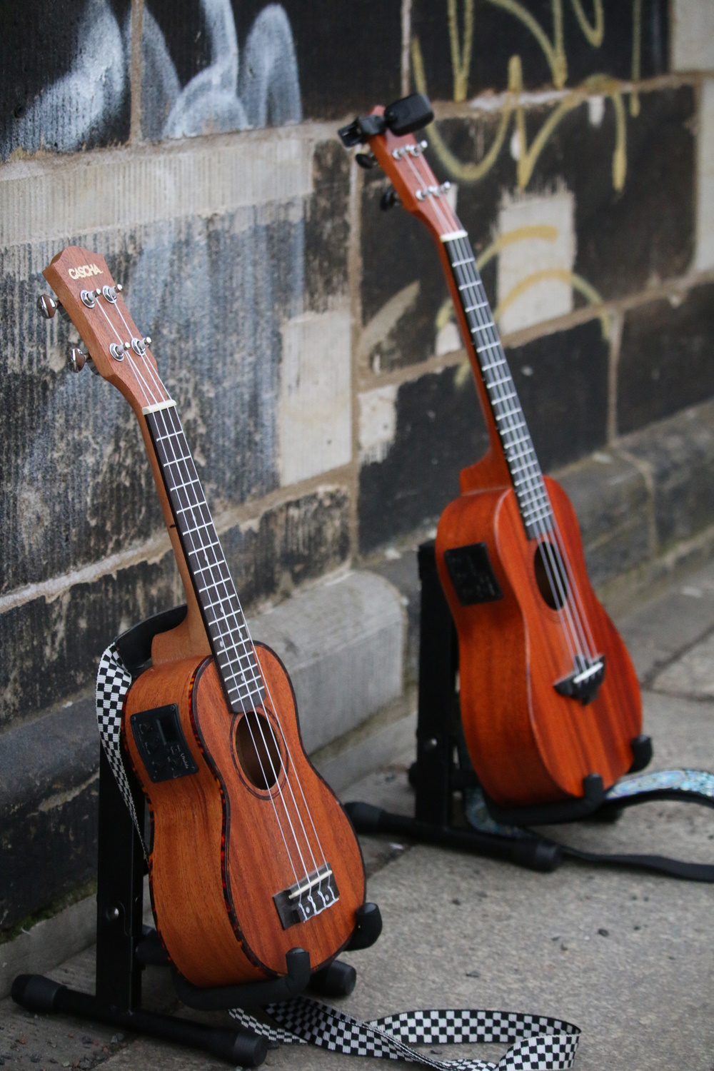 A picture of two ukuleles on a stone wall.