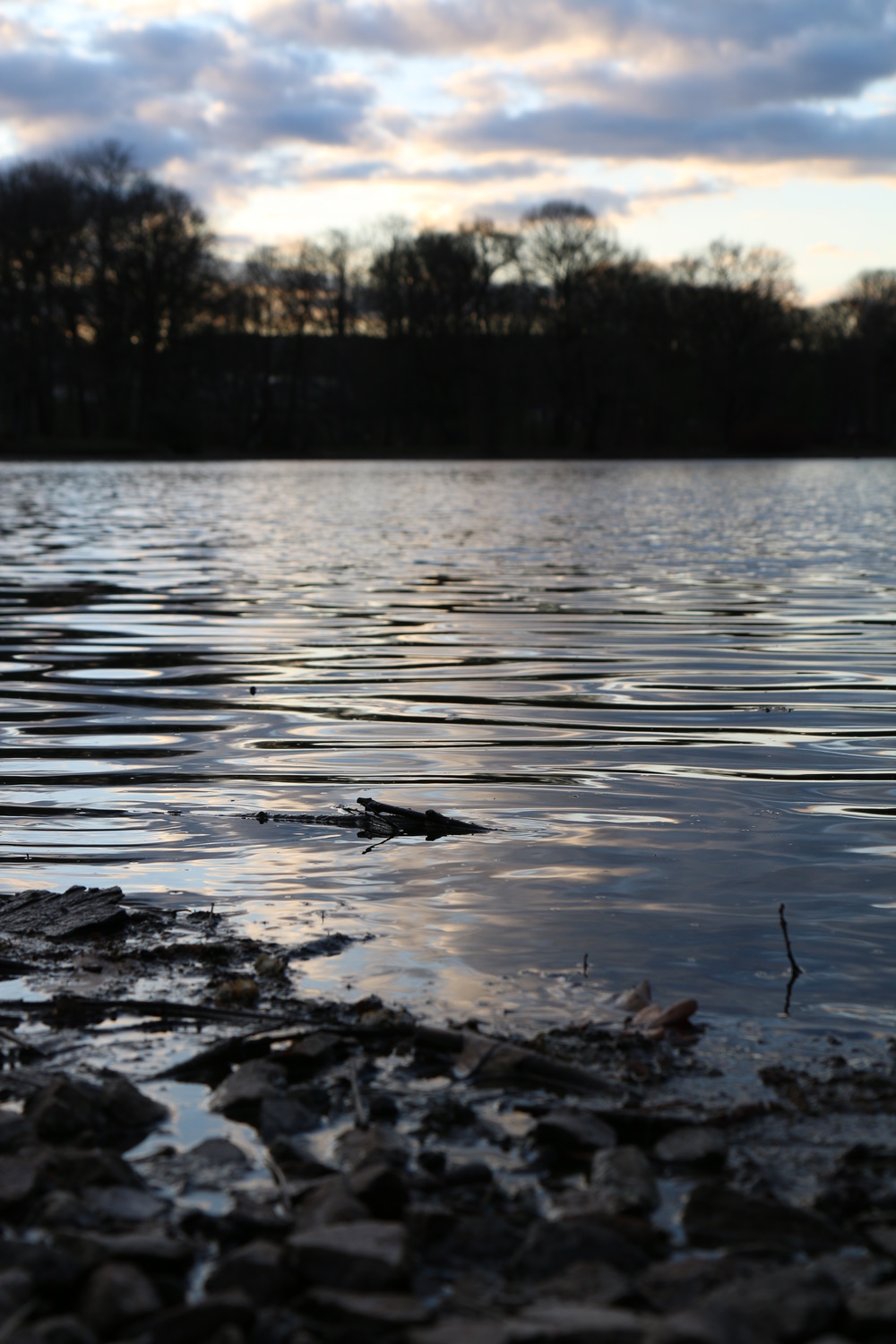 A lake with a reflection of the sky and trees.